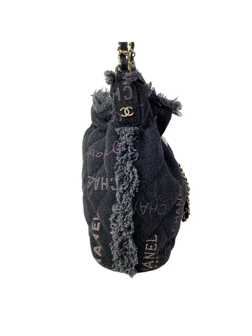 Chanel Shoulder Bag Quilted Black Multi Drawstring Chain Gold Metal